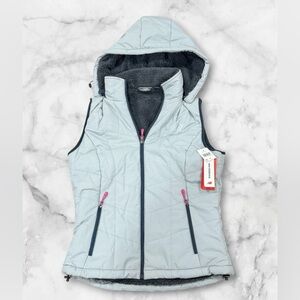 NWT NEW BALANCE DETACHABLE HOOD LINED QUILT VEST WOMENS SZ M GREY/PINK ZIPPERS